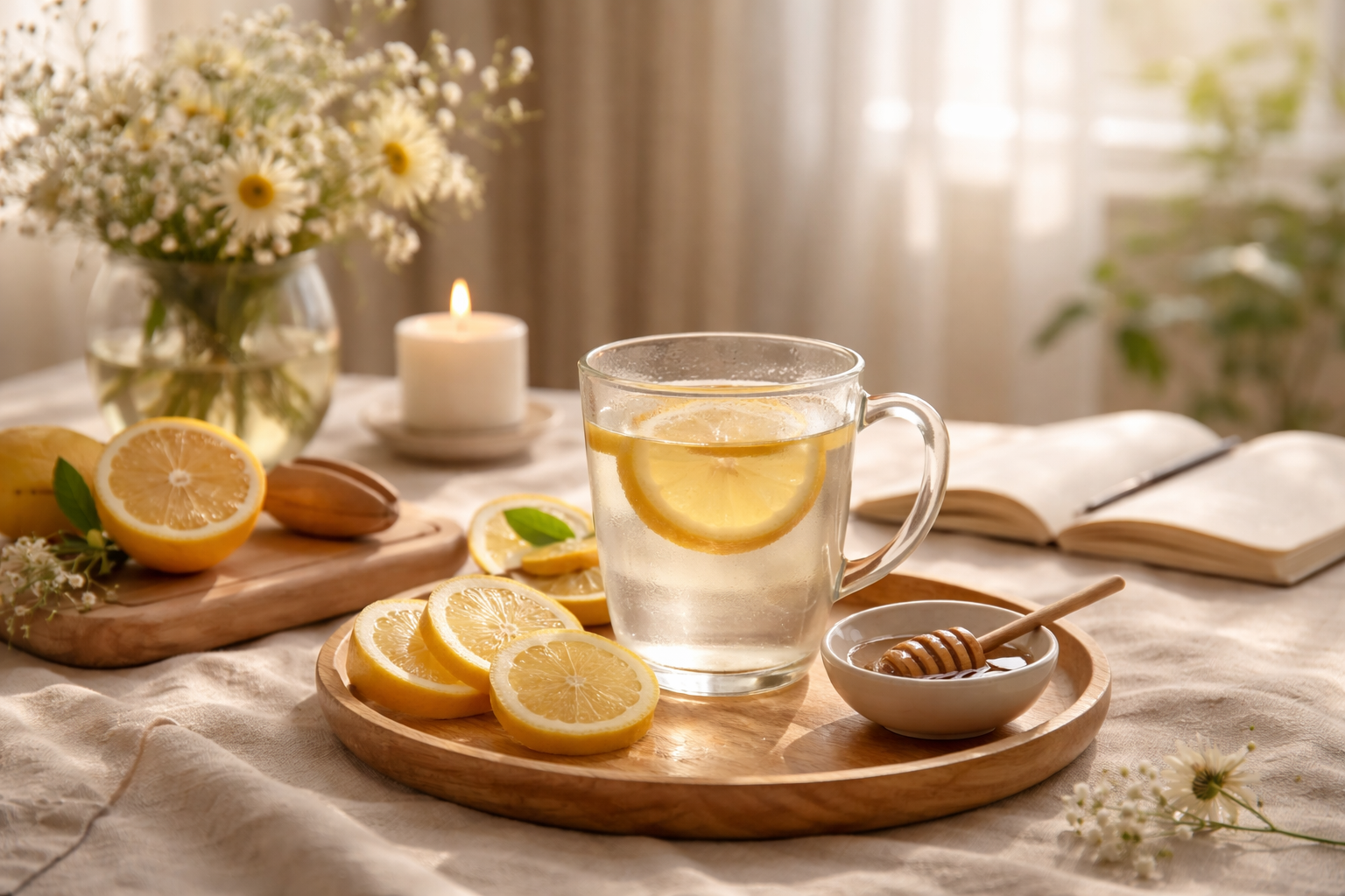 peaceful morning routine with warm water and lemon, soft natural light, healthy lifestyle, wellness setting, calm and serene atmosphere