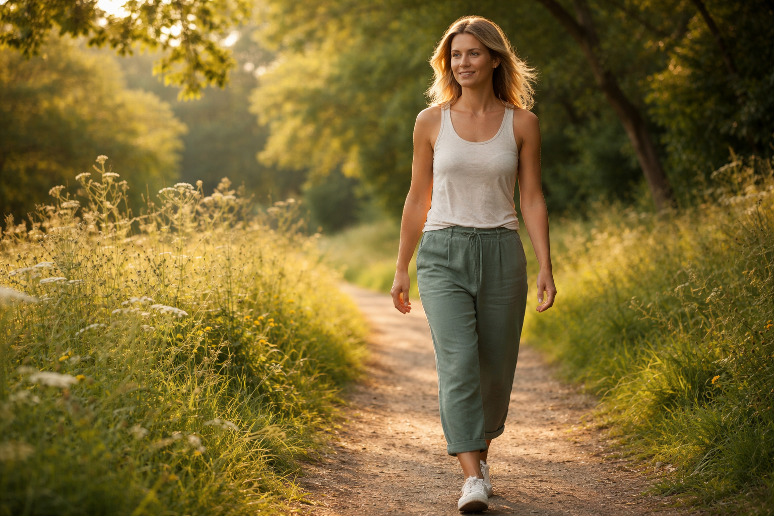 person taking a gentle walk in nature after meal, peaceful outdoor setting, wellness lifestyle, relaxed movement, natural light